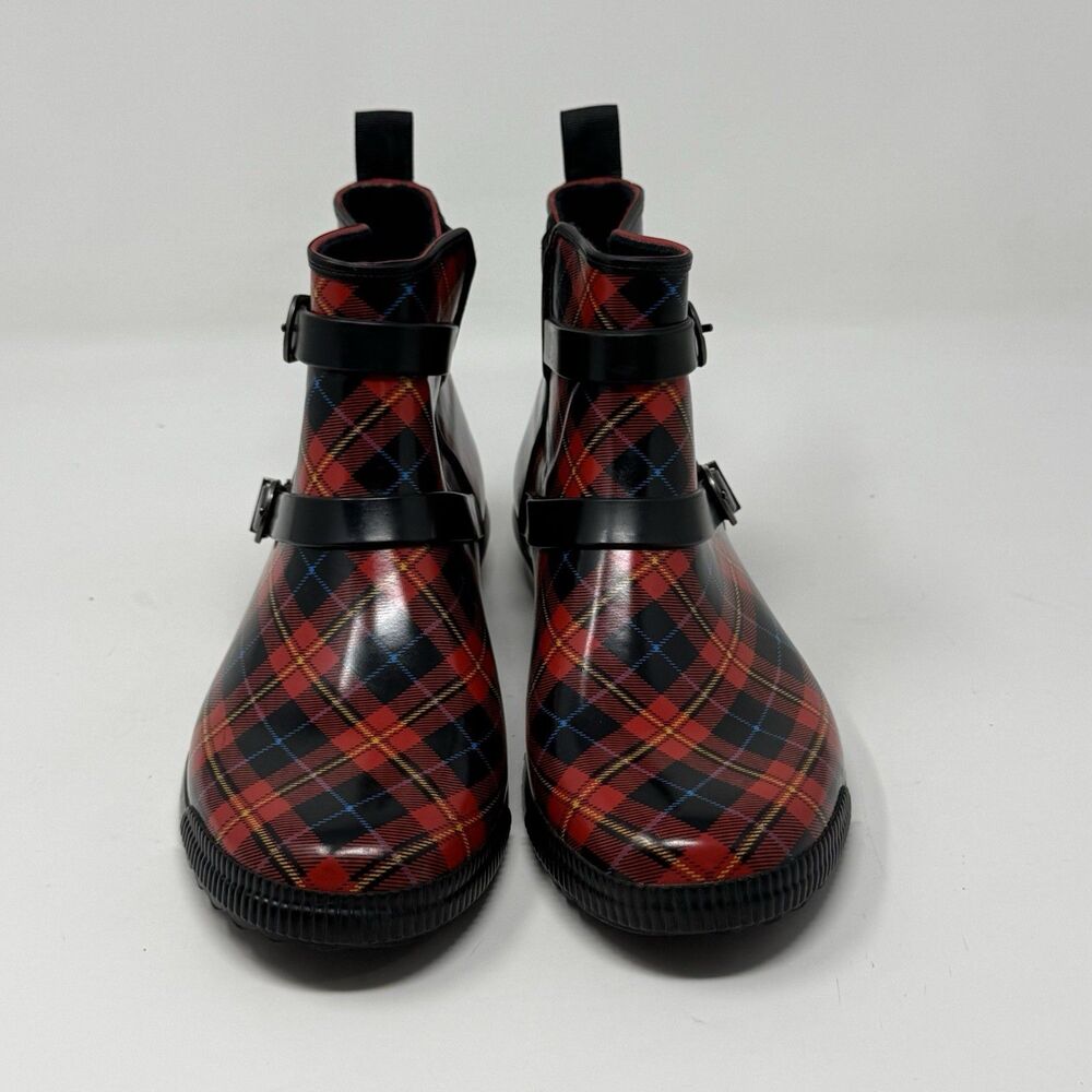 Cougar Royale Rubber Boots Womens 8 Red Black Tartan Plaid Rain Ankle Bootie - Picture 5 of 15
